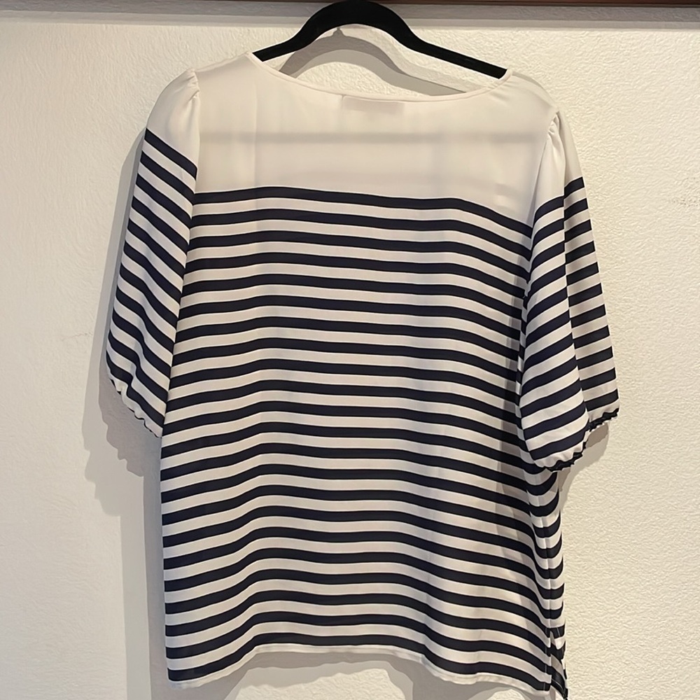 Loft Nautical Stripe Wide Neck Blouse, Navy, Size L - Picture 7 of 10